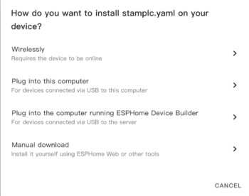 ESPHome Device Builder - wybór instalacji bezprzewodowej, przez USB albo przez ręczne pobranie pliku
