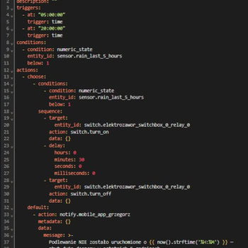 Home Assistant - automatyzacja podlewania zapisana w pliku YAML