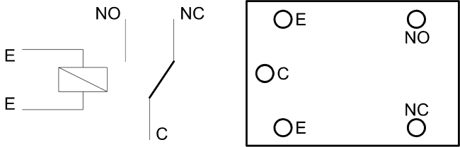 Symbol przekaźnika oraz układ jego wyprowadzeń (widziany jak na zdjęciu wyżej).