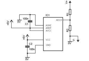 Rys.2.Fragment typowego układu do pomiaru napięcia akumulatora V+ = Ubat > 5V.