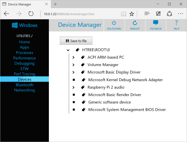 Menadżer Windows 10 IoT, zrzut z hackaday.com