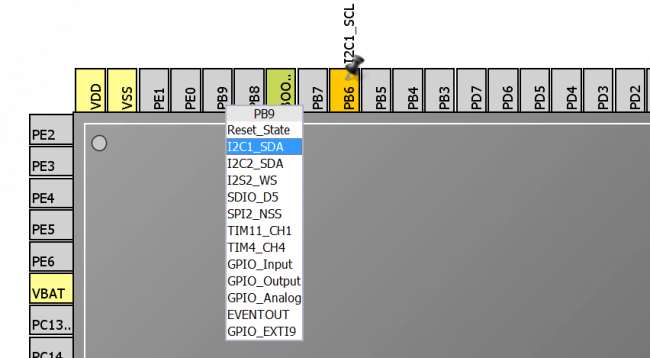 Konfiguracja wyprowadzenia PB9 jako linii danych peryferium I2C1