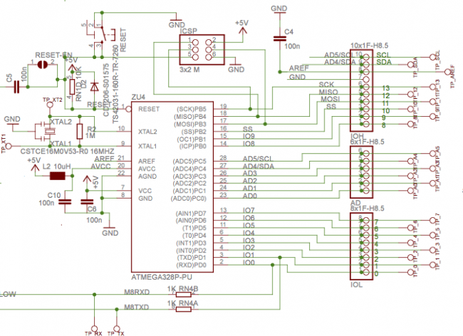 Fragment schematu Arduino z ATMega328.