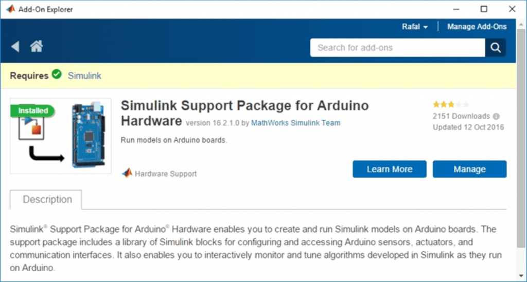 Współprace oprogramowania MATLAB i Simulink ze sprzętem zapewniają dedykowane pakiety wsparcia (Hardware Support Packages).