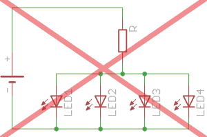Zasilanie czterech diod LED połączonych równolegle - niedopuszczalne rozwiązanie.