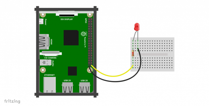 Schemat podłączenia diody do Raspberry Pi.