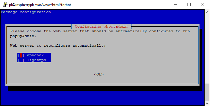 Wybór typu serwera podczas instalacji phpMyAdmin.
