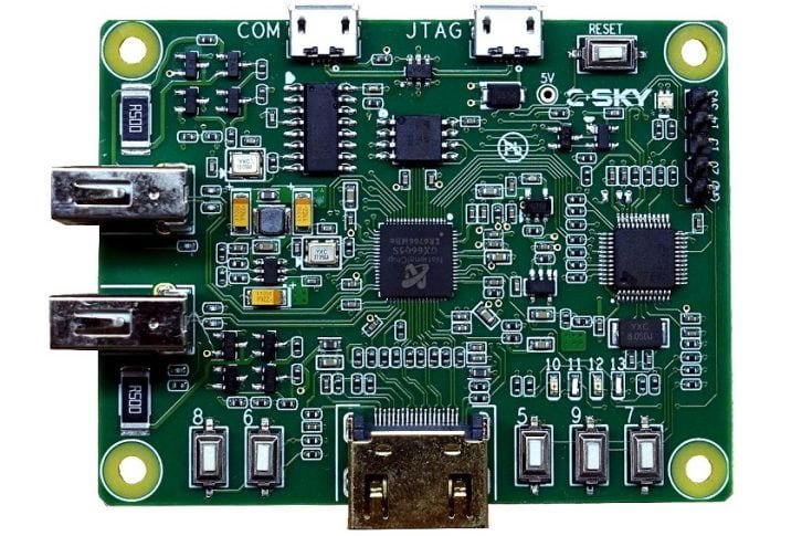 Płytka C-SKY Linux Development Board z widocznymi złączami i programowalnymi przyciskami