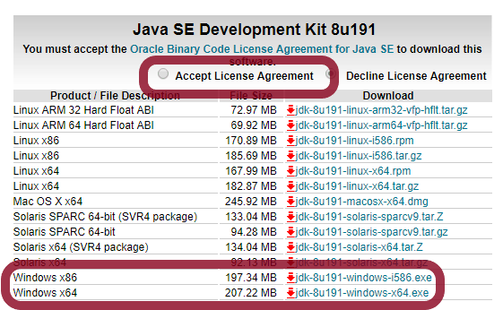 Akceptacja licencji JDK i pobieranie odpowiedniej wersji