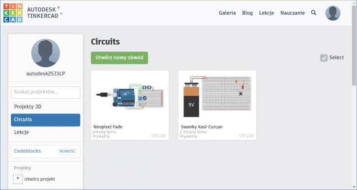 Tinkercad Dashboard – dostępne projekty w sekcji Circuits