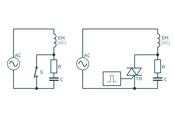 Przykładowe podłączenie elektromagnesu lub przekaźnika elektromagnetycznego prądu przemiennego (sterowanego przyciskiem lub np. z mikrokontrolera przez triak)
