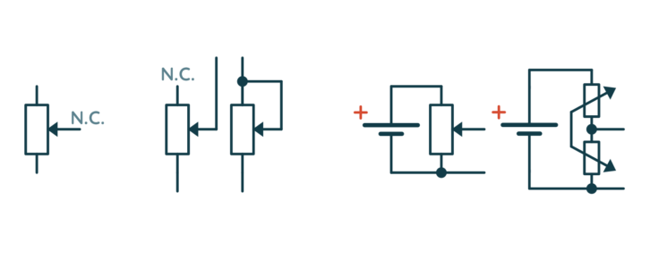 Różne sposoby użycia potencjometru – od lewej: jako zwykły rezystor (N.C. to oznaczenie wyprowadzenia, które nie jest podłączone), jako zmienny rezystor (2 wersje), jako regulowany dzielnik napięcia (2 wersje)